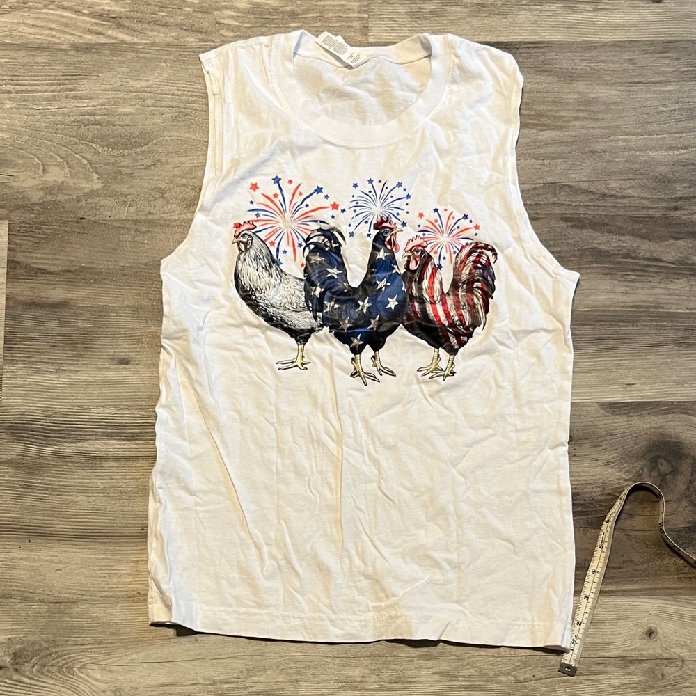 Bella Canvas White Muscle Tee with Patriotic Rooster Design
